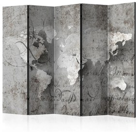 Paravento Mappa e lettera II (5 parti) - scritte e mappa del mondo in grigio