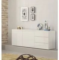 Credenza moderna a 2 ante e 3 cassetti, Made in Italy, Madia da cucina, Buffet di design da soggiorno, cm 170x40h35, Bianco lucido