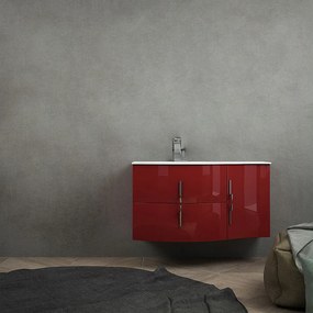 Mobile bagno sospeso rosso lucido 105 cm con lavabo a destra