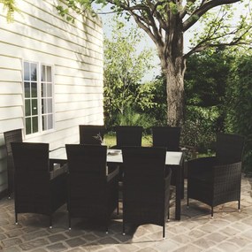 Set da Pranzo da Giardino 9 pz con Cuscini in Polyrattan Nero