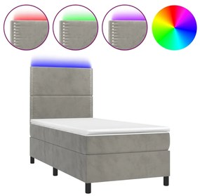 Letto a molle materasso e led grigio chiaro 100x200 cm velluto