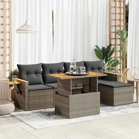 Set divani da giardino 7pz con cuscini grigio polyrattan acacia