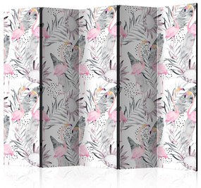 Paravento design Flaminghi e rami II (5-parti) - uccelli rosa e fiori pastello