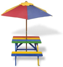Tavolo e Panchine per Bambini con Parasole Legno Multicolore