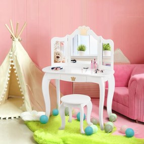 Costway Set toeletta e sedia per bambine con cassetto, Toeletta 2 in 1 con superficie smontabile, Bianco