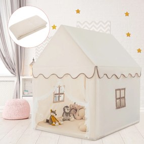 Costway Casetta con tenda struttura in legno e tappetino di cotone, Casa con tenda porta e finestra per bambini