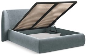 Letto matrimoniale imbottito blu chiaro con contenitore con griglia 160x200 cm Hauke - Makamii