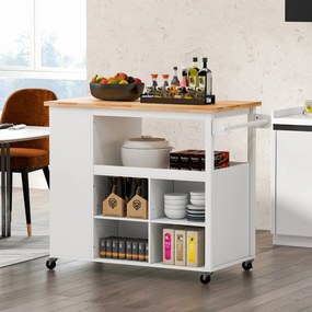 Costway Carrello isola con piano in legno di gomma 4 ripiani regolabili, Carrello con ruote bloccabili per cucina