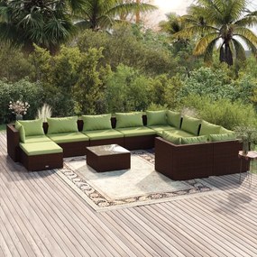 Set divani da giardino 11 pz con cuscini in polyrattan marrone