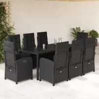 Set da Pranzo da Giardino 9 pz con Cuscini Nero in Polyrattan 3212461