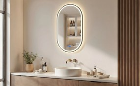 Specchio ovale con retroilluminazione LED con cornice in alluminio nero