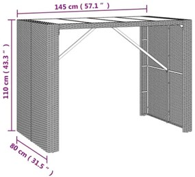 Tavolo da Bar con Piano in Vetro Grigio 145x80x110cm Polyrattan