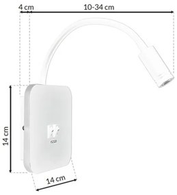 LED Lampada flessibile da parete con base USB 1xLED/8W + 1xLED/2W/230V bianco