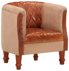 Poltrona A Pozzetto Marrone Vera Pelle E Legno Massello Mango /