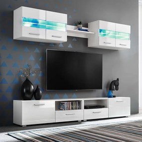 Set Parete Attrezzata Porta Tv Con Luci Led 5 Pz Bianco Lucido /