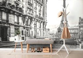 Carta da parati – Torre Eiffel in bianco e nero da una strada di Parigi