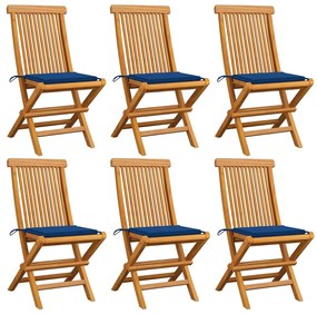 Sedie da giardino con cuscini blu reale 6 pz massello di teak