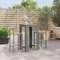 Set Bar Giardino 3pz Grigio Polyrattan e Legno Massello Acacia 3187711