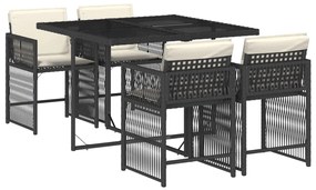 Set da pranzo da giardino 5 pz nero con cuscini in polyrattan