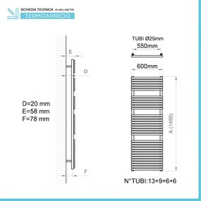 Termoarredo design scaldasalviette Bianco L 60x150 interasse 55 cm