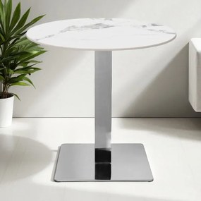 Tavolo pub ristorante bar rotondo 70 cm Top esterno effetto Marmo Bianco base argento H 75