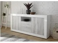 Credenza moderna a 2 ante e 2 cassetti, Made in Italy, Madia da cucina, Buffet di design da soggiorno, cm 184x42h86, colore Bianco lucido e Cemento