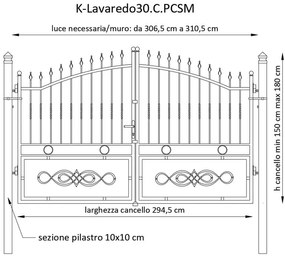 Cancello manuale battente Lavaredo in ferro, apertura centrale, L 308.5, H 165-190 cm, di colore ruggine