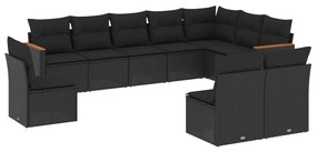 Set divani da giardino 10pz con cuscini in polyrattan nero