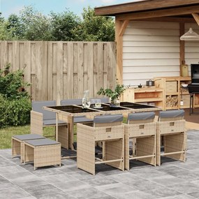 Set pranzo da giardino 11 pz con cuscini beige misto polyrattan