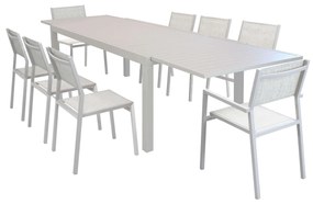 DEXTER - set tavolo in alluminio cm 200/300 x 100 x 74 h con 6 sedie e 2 poltrone Aulus