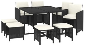 Set da pranzo da giardino 9 pz con cuscini in polyrattan nero