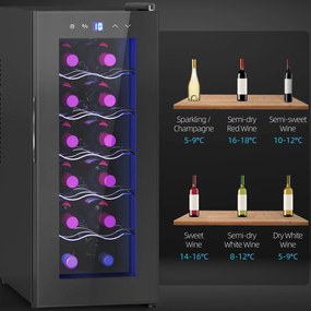 Cantinetta Vino Refrigerata per 12 Bottiglie Doppio Controllo Temperatura Ripiani Regolabili e Luci Nero...