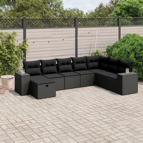 Set divani da giardino con cuscini 8 pz nero in polyrattan