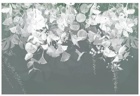 Carta da parati autoadesiva – Foglie grigio-verdi con colibrì