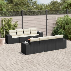 Set divani da giardino 9 pz con cuscini nero in polyrattan