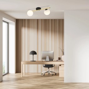 Plafoniera Contemporanea 2 Luci Eracle In Acciaio Oro/Nero E Sfere Vetro Bianco