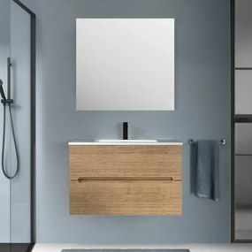 Mobile bagno sospeso 80 rovere cannettato 2 cassetti lavabo e specchio Rigo