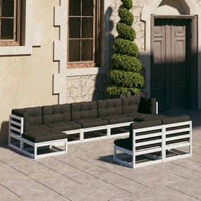 Set divani da giardino 9 pz con cuscini massello di pino bianco