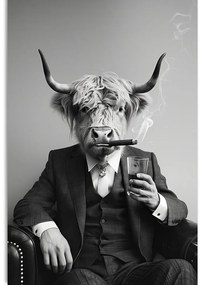 Quadro su tela – Mucca in abito con sigaro e whisky