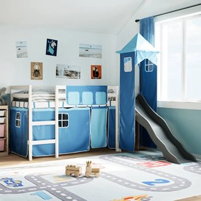Letto A Soppalco Con Torre Bambini Blu 80x200cm Massello Pino /