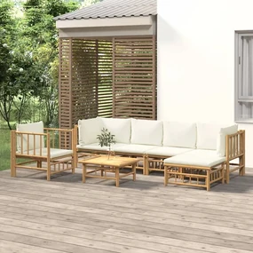 Set salotto da giardino 7pz con cuscini bianco crema in bambù