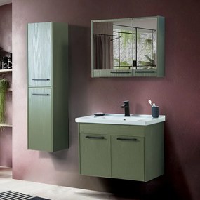 Mobile bagno sospeso 80 cm verde effetto legno con armadietto a specchio Sofia