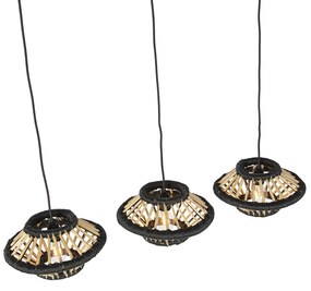 Lampada a sospensione orientale in bambù con paralumi neri oblunghi a 3 luci - Evalin