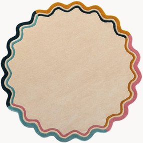 Tappeto rotondo in lana a pelo corto fatto a mano Leo Scallop Border