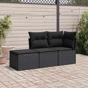 Set Divani da Giardino 3 pz con Cuscini in Polyrattan Nero