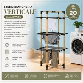 Stendibiancheria a Torre Verticale a 3 Livelli 69x69x136 cm Pieghevole con Ruote Nero e Legno...