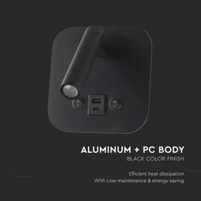 Faretto da parete LED orientabile con porta USB LED/8W/230V 3000K nero