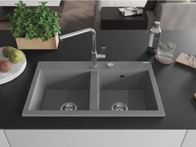 Mexen Hektor lavello in granito a 2 vasche 800 x 480 mm, grigio, sifone cromato - 6521802000-71