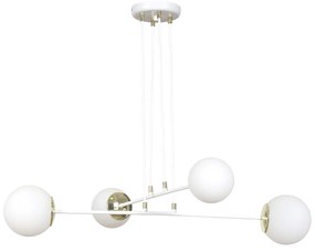 Lampadario Moderno 4 Luci Tsukuyomi In Acciaio Bianco E Oro E Vetro A Sfera Opale