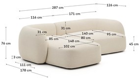Kave Home - Divano modulare Martina 3 posti con chaise longue sinistra Ã©cru 287 cm